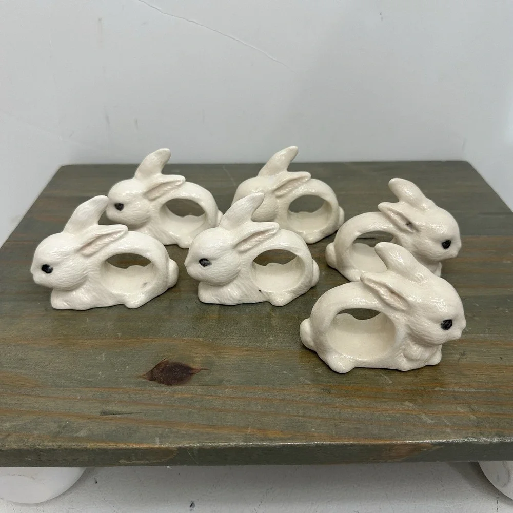 Set Of 6 Ceramic White Bunny Rabbit Napkin Ring Holders Handmade Easter Bunnies